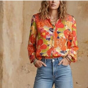 ANTHRO Fig and Flower Long Blouse Women XL Tunic Top Floral Sheer Bohemian Indie